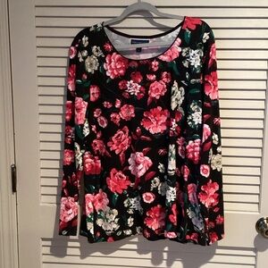 Karen Scott Floral Long Sleeve Top - Black and Pink